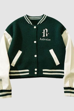 Style Core Aesthetics, New Style Trends PU Sleeve Patchwork Cropped Varsity Jacket