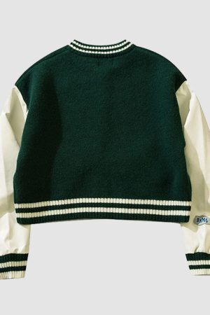 Style Core Aesthetics, New Style Trends PU Sleeve Patchwork Cropped Varsity Jacket