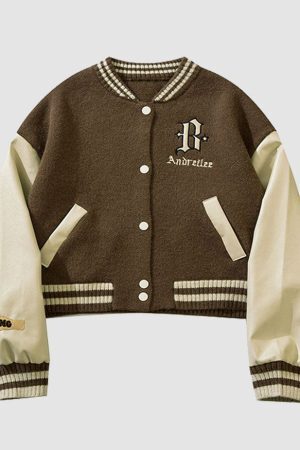 Style Core Aesthetics, New Style Trends PU Sleeve Patchwork Cropped Varsity Jacket