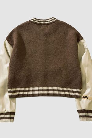 Style Core Aesthetics, New Style Trends PU Sleeve Patchwork Cropped Varsity Jacket