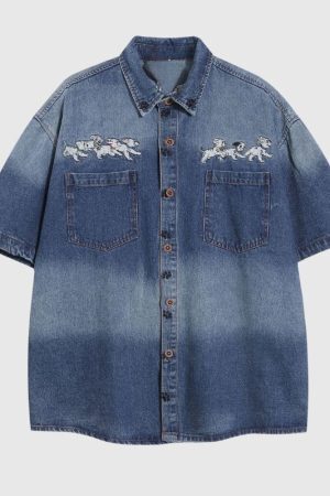 Style Core Aesthetics, New Style Trends Puppy Embroidered Denim Shirts