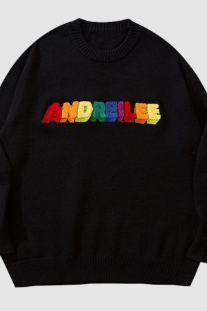 Style Core Aesthetics, New Style Trends Rainbow Letter Embroidery Sweater