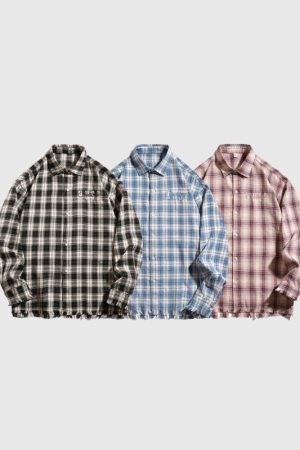 Style Core Aesthetics, New Style Trends Raw Hem Plaid Shirts