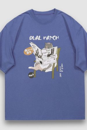 Style Core Aesthetics, New Style Trends Reading Cat Cartoon Print Tee