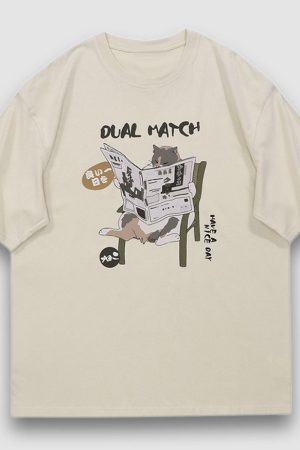 Style Core Aesthetics, New Style Trends Reading Cat Cartoon Print Tee