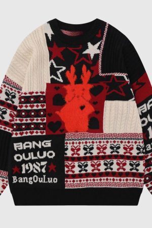 Style Core Aesthetics, New Style Trends Reindeer Patchwork Christmas Sweater