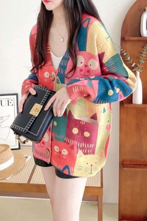 Style Core Aesthetics, New Style Trends Retro Cartoon Cat Cardigan