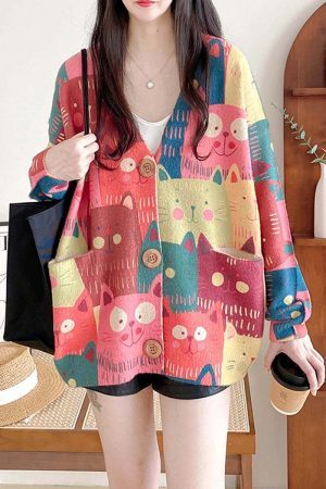 Style Core Aesthetics, New Style Trends Retro Cartoon Cat Cardigan