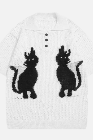 Style Core Aesthetics, New Style Trends Retro Cat Knit Polo