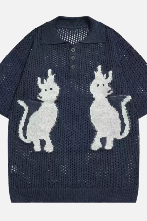 Style Core Aesthetics, New Style Trends Retro Cat Knit Polo