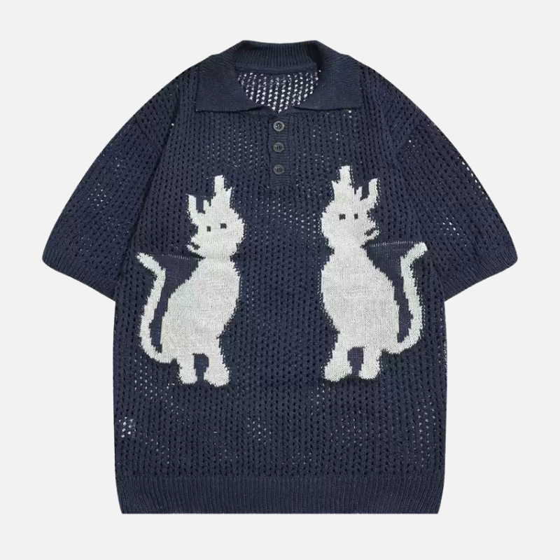 Style Core Aesthetics, New Style Trends Retro Cat Knit Polo
