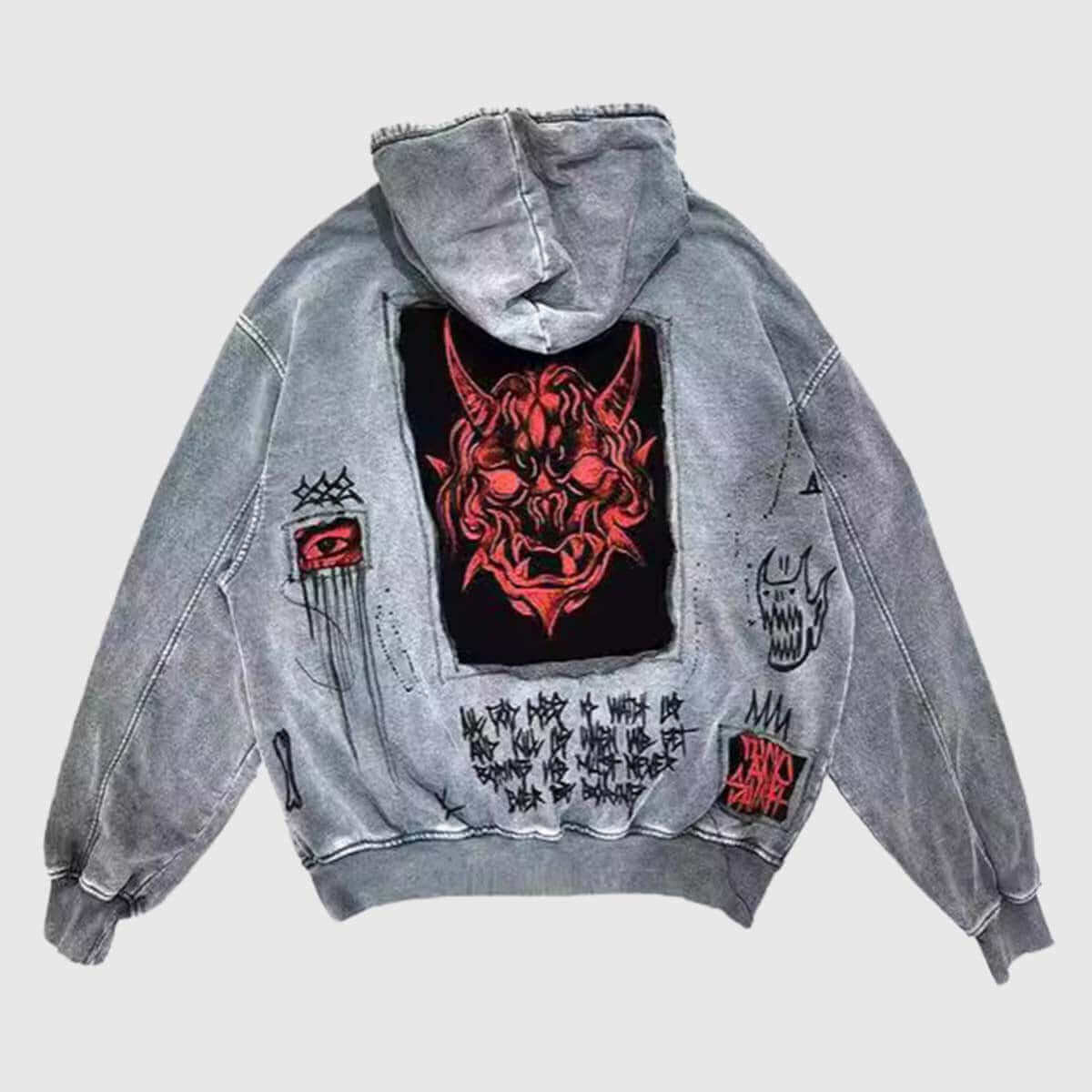 Style Core Aesthetics, New Style Trends Retro Devil Patchwork Hoodie Style Core Aesthetics, New Style Trends Retro Devil Patchwork Hoodie