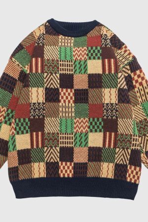 Style Core Aesthetics, New Style Trends Retro Patchwork Knit Sweater
