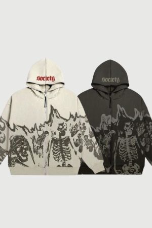 Style Core Aesthetics, New Style Trends Retro Skull Zip Hoodie