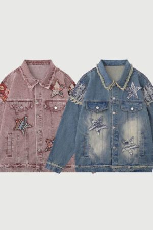 Style Core Aesthetics, New Style Trends Retro Star Patchwork Embroidered Denim Jacket