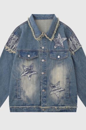 Style Core Aesthetics, New Style Trends Retro Star Patchwork Embroidered Denim Jacket