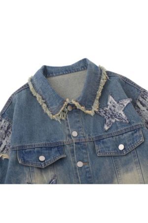 Style Core Aesthetics, New Style Trends Retro Star Patchwork Embroidered Denim Jacket