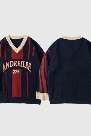 Style Core Aesthetics, New Style Trends Retro Striped V-Neck Sweater