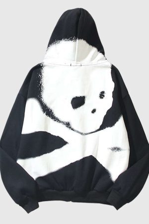 Style Core Aesthetics, New Style Trends Retro Wash Skull Print Hoodie