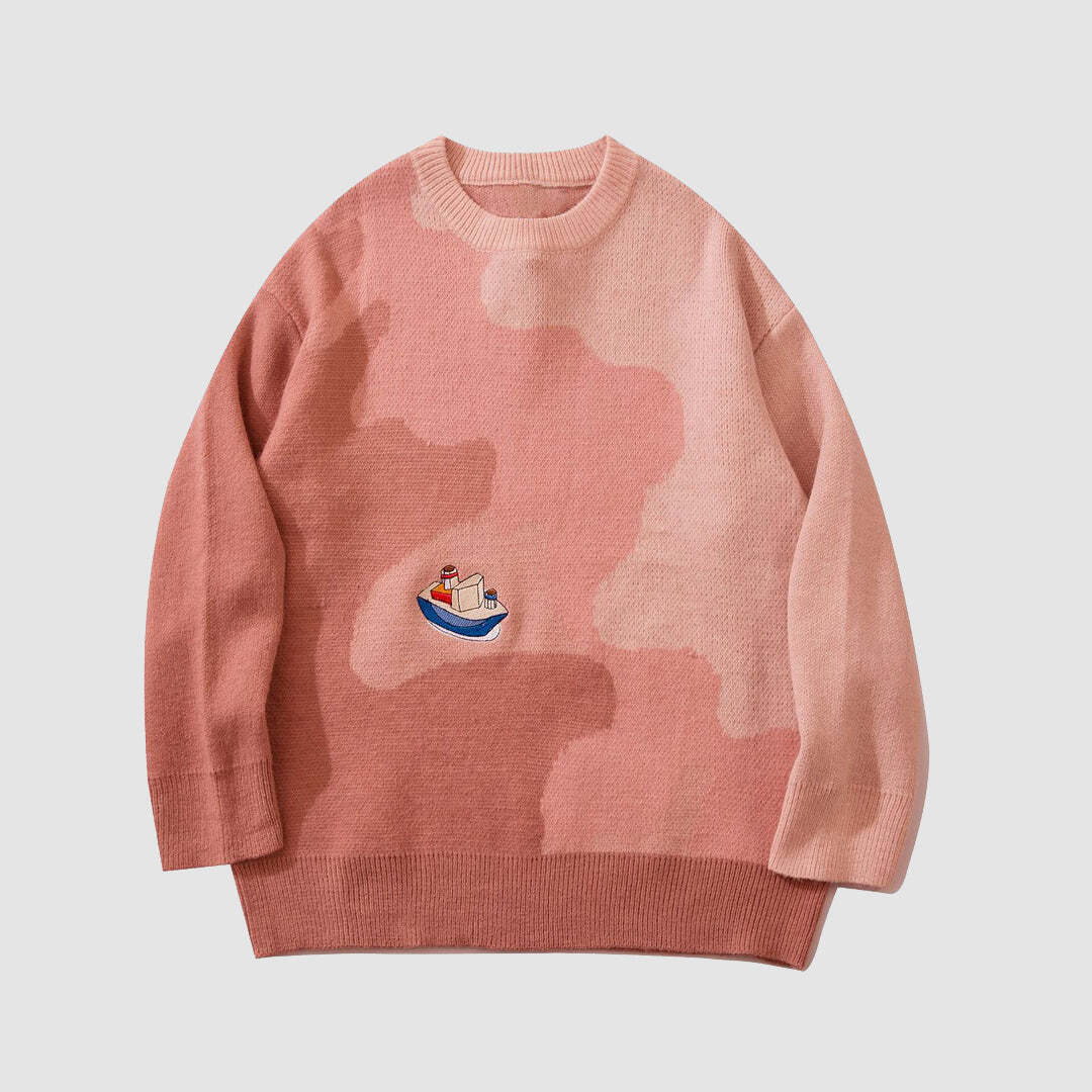 Style Core Aesthetics, New Style Trends Sailboat Embroidery Knit Sweater Style Core Aesthetics, New Style Trends Sailboat Embroidery Knit Sweater