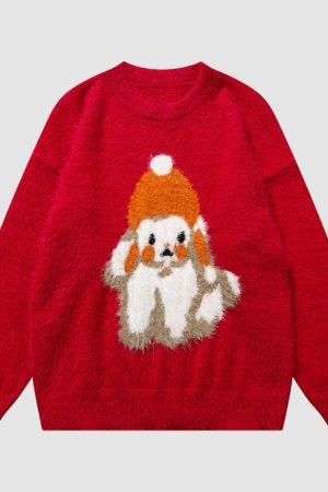 Style Core Aesthetics, New Style Trends Shy Dog Pattern Fuzzy Sweater