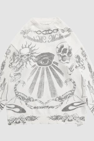 Style Core Aesthetics, New Style Trends Skull Pattern Distressed Sweater