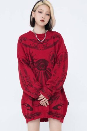 Style Core Aesthetics, New Style Trends Skull Pattern Distressed Sweater