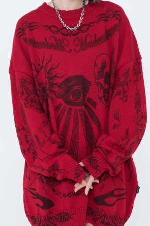 Style Core Aesthetics, New Style Trends Skull Pattern Distressed Sweater