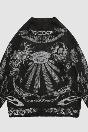 Style Core Aesthetics, New Style Trends Skull Pattern Distressed Sweater