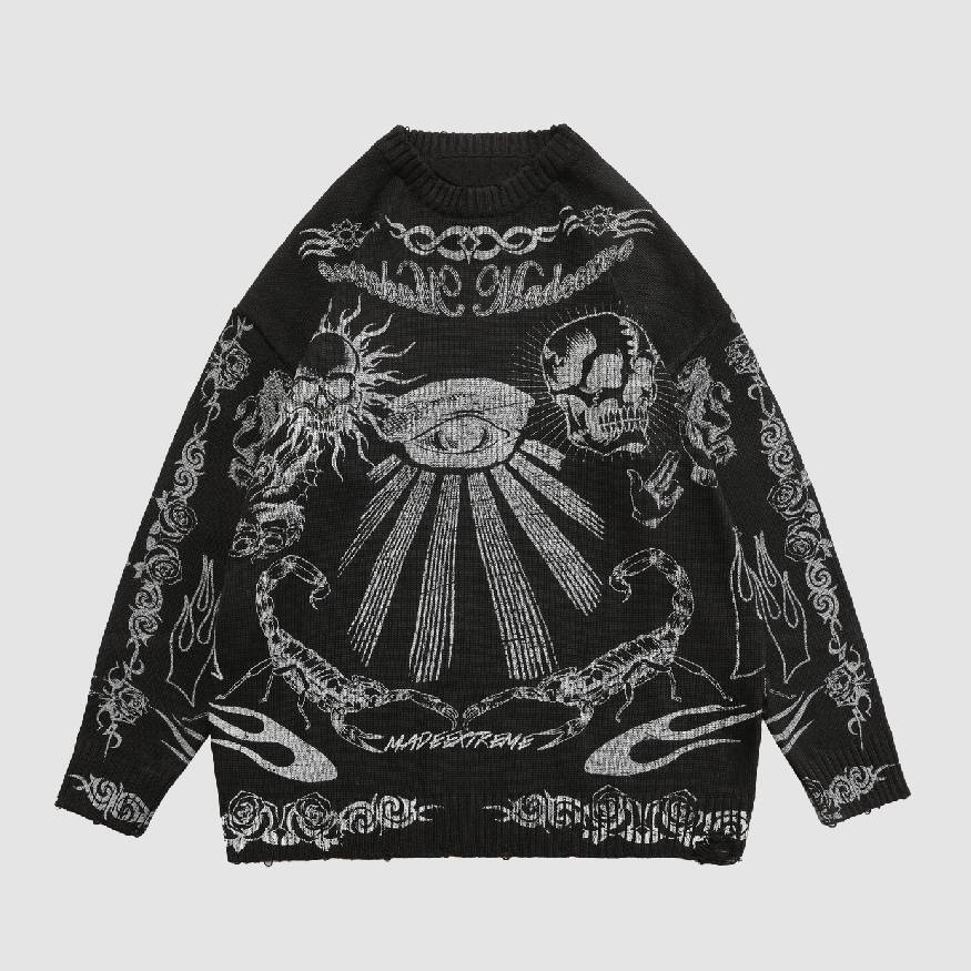 Style Core Aesthetics, New Style Trends Skull Pattern Distressed Sweater
