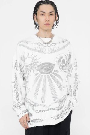 Style Core Aesthetics, New Style Trends Skull Pattern Distressed Sweater