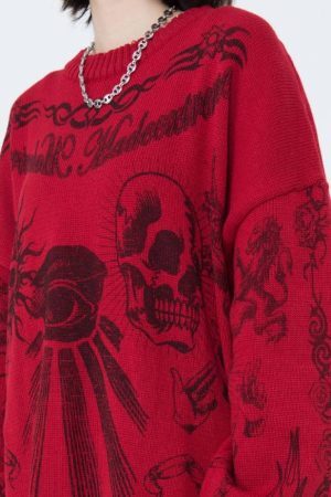 Style Core Aesthetics, New Style Trends Skull Pattern Distressed Sweater