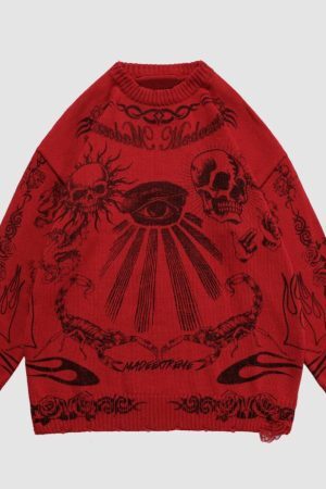 Style Core Aesthetics, New Style Trends Skull Pattern Distressed Sweater