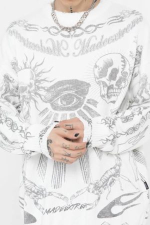 Style Core Aesthetics, New Style Trends Skull Pattern Distressed Sweater