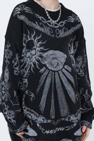 Style Core Aesthetics, New Style Trends Skull Pattern Distressed Sweater