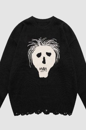 Style Core Aesthetics, New Style Trends Skull Print Ripped Sweater