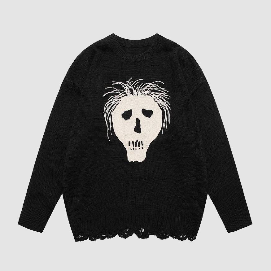 Style Core Aesthetics, New Style Trends Skull Print Ripped Sweater