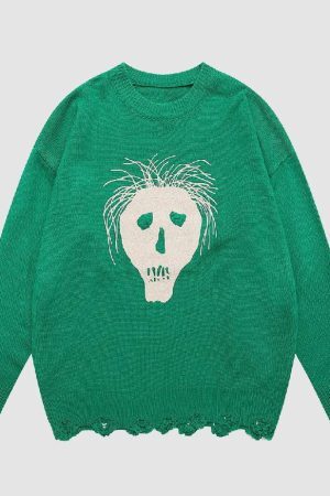 Style Core Aesthetics, New Style Trends Skull Print Ripped Sweater