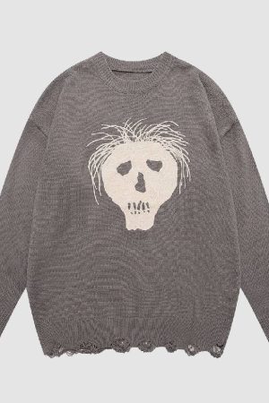 Style Core Aesthetics, New Style Trends Skull Print Ripped Sweater
