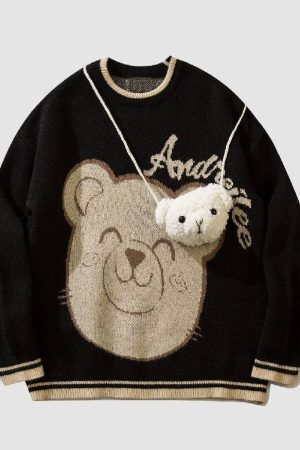 Style Core Aesthetics, New Style Trends Smiley Bear Print Sweater + Bear Mini Bag