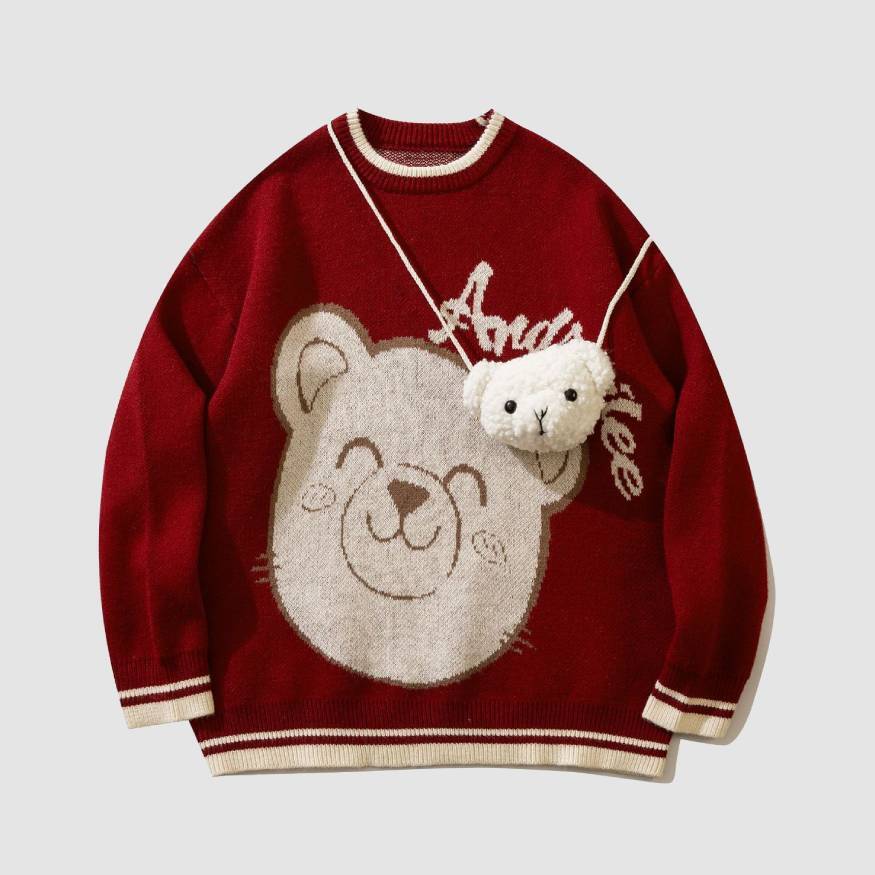 Style Core Aesthetics, New Style Trends Smiley Bear Print Sweater + Bear Mini Bag