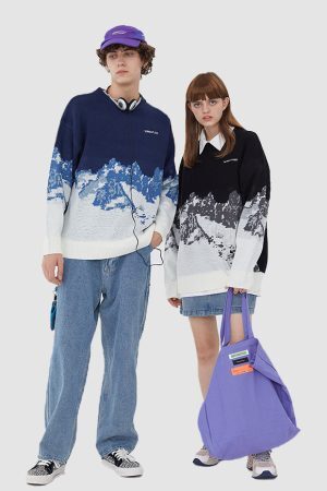 Style Core Aesthetics, New Style Trends Snow Mountain Print Sweater