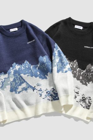 Style Core Aesthetics, New Style Trends Snow Mountain Print Sweater