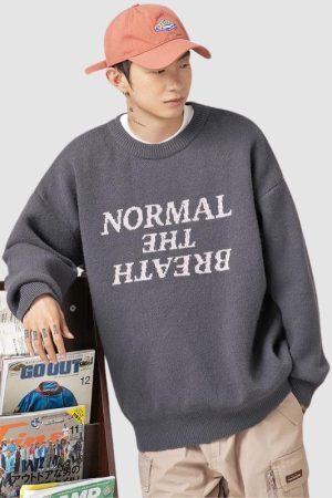 Style Core Aesthetics, New Style Trends Solid Color Letter Jacquard Knit Sweater