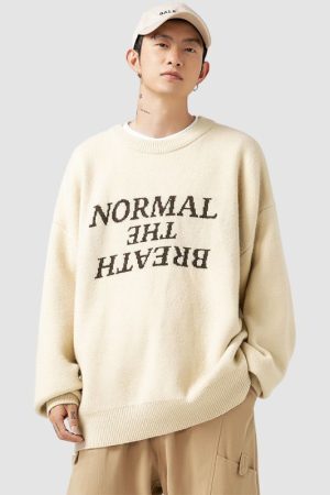 Style Core Aesthetics, New Style Trends Solid Color Letter Jacquard Knit Sweater