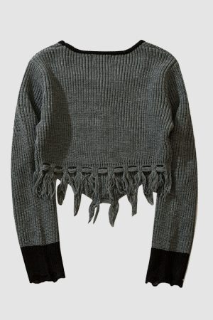 Style Core Aesthetics, New Style Trends Square Neck Letter Embroidery Irregular Hem Tassel Cropped Sweater