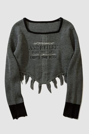 Style Core Aesthetics, New Style Trends Square Neck Letter Embroidery Irregular Hem Tassel Cropped Sweater