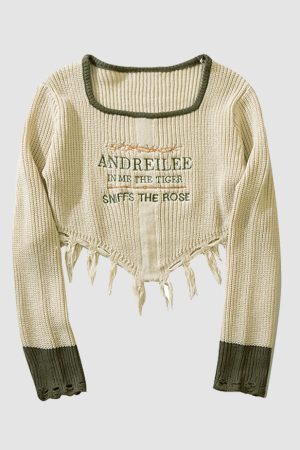 Style Core Aesthetics, New Style Trends Square Neck Letter Embroidery Irregular Hem Tassel Cropped Sweater