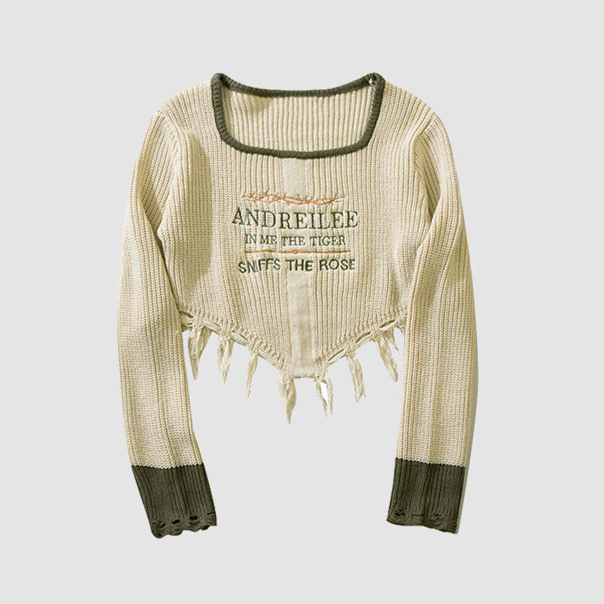 Style Core Aesthetics, New Style Trends Square Neck Letter Embroidery Irregular Hem Tassel Cropped Sweater
