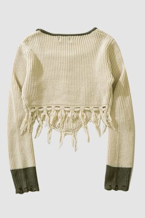 Style Core Aesthetics, New Style Trends Square Neck Letter Embroidery Irregular Hem Tassel Cropped Sweater